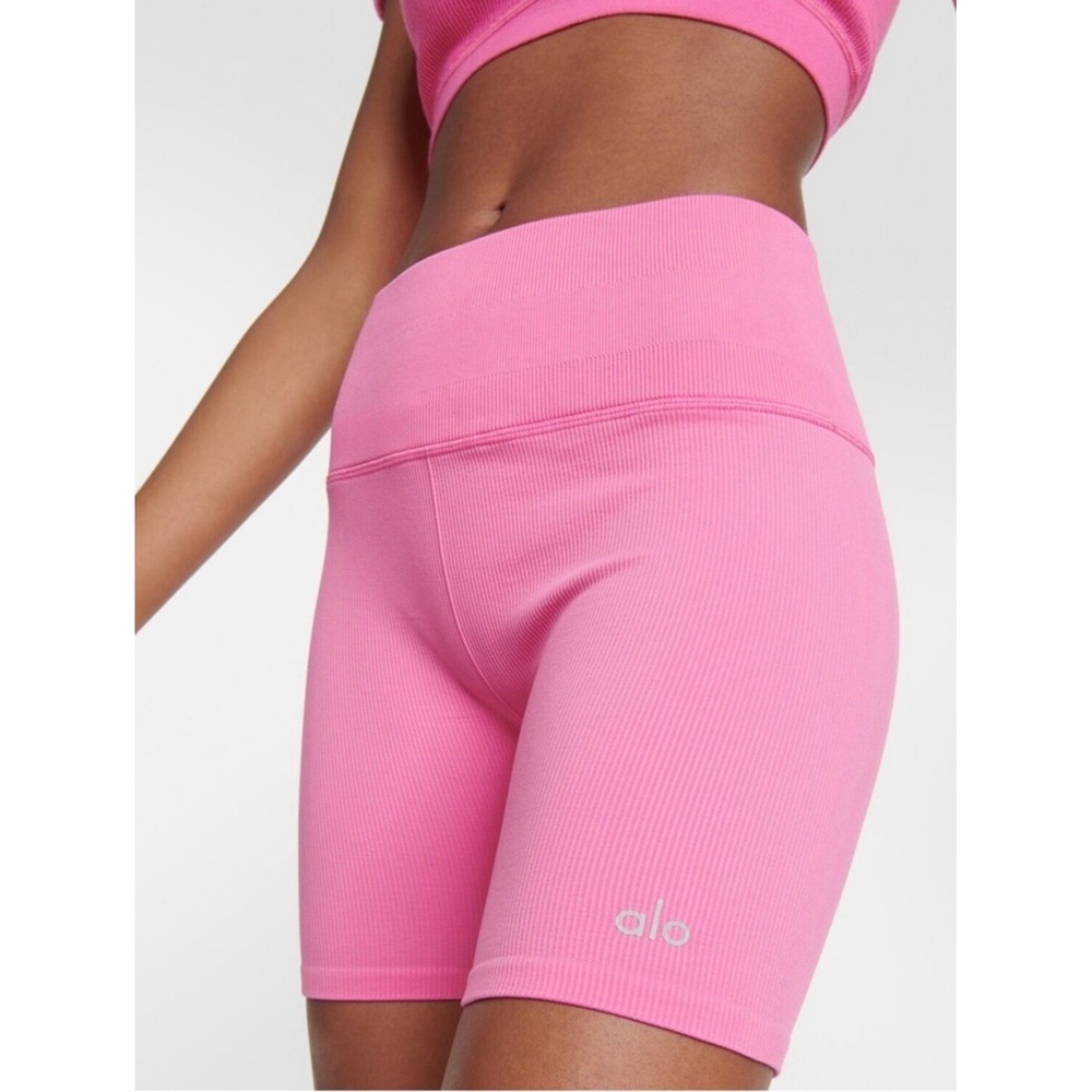 Alo Yoga Seamless Ribbed Biker Shorts Pink High Waisted XS Yoga Gym Athleisure